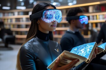 Poster - Futuristic book club in a sleek, high-tech library, where members read from holographic books projected in the air