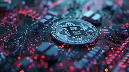 Poster - Close-up shot of a Bitcoin coin resting on a circuit board, illuminated by red and blue lights, symbolizing the digital nature of cryptocurrency.