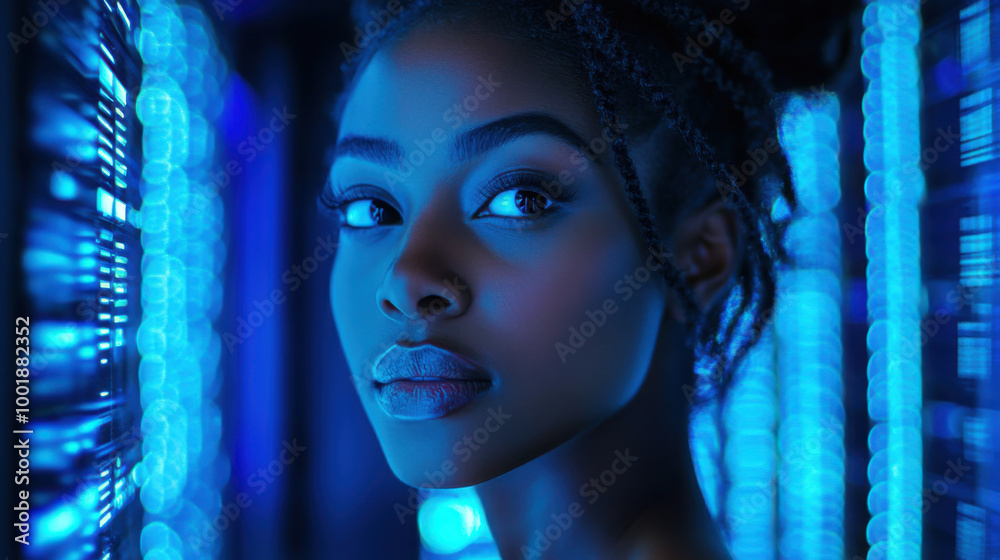 Black female cyber security analyst analysing AI cyberspace threats on ...