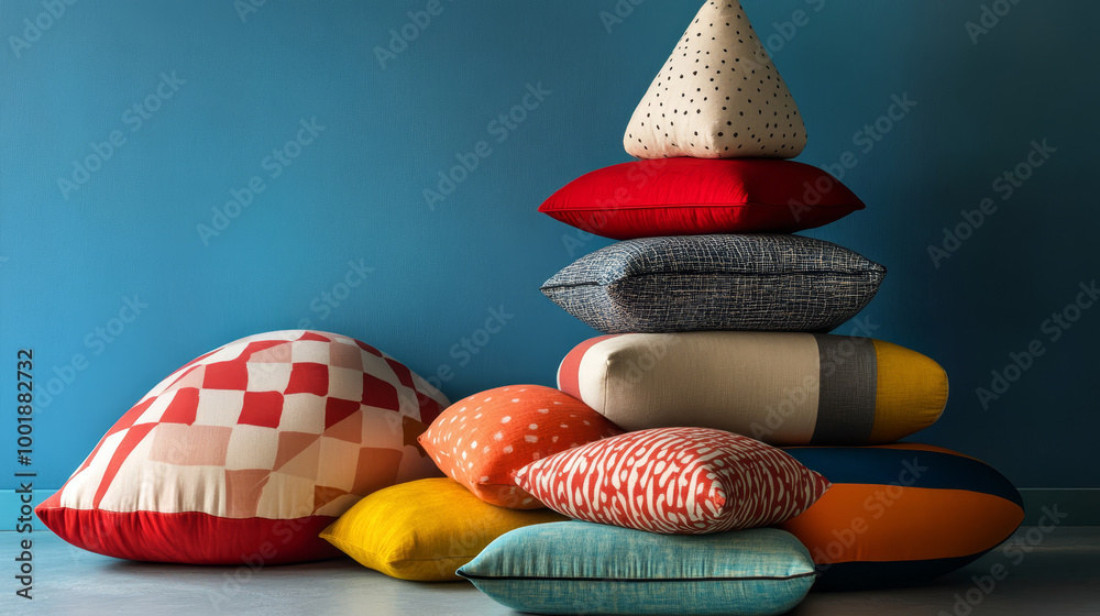 Show a whimsical stack of cushions in various shapes and sizes ...