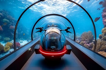 Poster - Futuristic underwater research station, with glass tunnels allowing scientists to observe marine life, and advanced AI drones monitoring the coral reefs