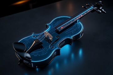 Poster - Futuristic violin made of glowing materials, where each note played creates digital soundwaves that ripple through the air, filling the space with holographic lights