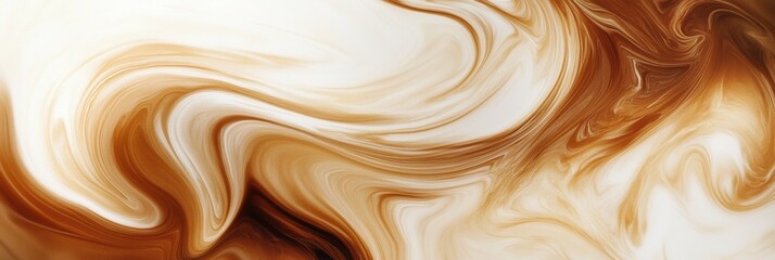 Swirling coffee blends seamlessly with milk, creating an abstract masterpiece of rich browns and creamy whites in a warm setting. Generative AI