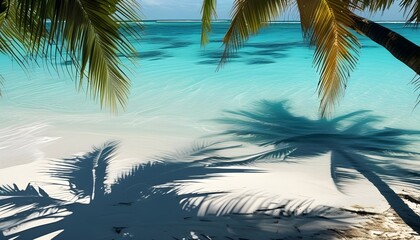 Tropical paradise with palm shadows dancing on shimmering water over pristine white sand beach