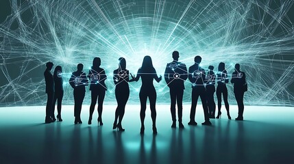 Poster - Silhouettes of people standing in front of a glowing sphere of interconnected data.