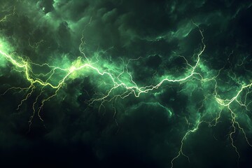 Wall Mural - lightning illuminating a stormy green sky background for energy, power, danger design concept