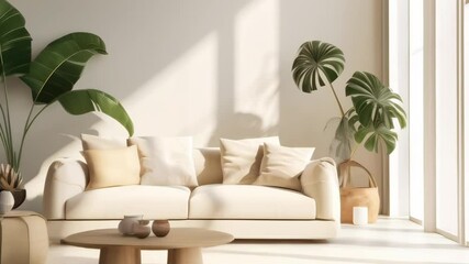 Aufkleber - Sunlight streams through large windows in a minimalist living room, decorated in soothing beige tones with a comfy sofa and vibrant green plants