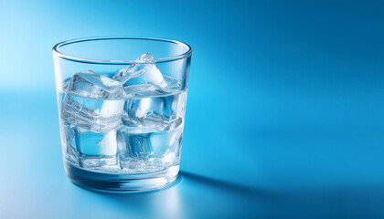 Wall Mural - Ice cubes in a glass with crystal clear water on a blue background. Refreshing and healthy water on hot days