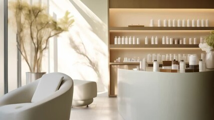 Poster - Sunlight streams through a window, illuminating a modern spa reception desk with beauty products, creating a serene atmosphere for relaxation