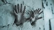 © happysunstock - Eerie Ghostly Hands Emerging Through Cracked Wall in Abandoned Haunted House