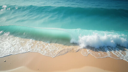 Top view on sea wave with white foam and light beige sand, widescreen 16:9, 300 dpi, with free space for text