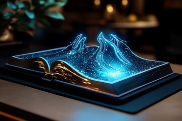 Poster - Interactive 3D book where digital pages turn with holographic effects in a modern digital environment, with readers engaging from all sides