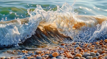 Wall Mural - a close-up of a wave crashing on a pebble beach, with the water creating a mix of textures and color