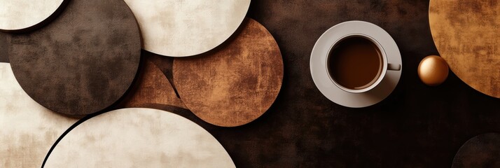 Aufkleber - Abstract composition featuring geometric shapes filled with rich coffee textures and a cup of coffee on a wooden surface. Generative AI