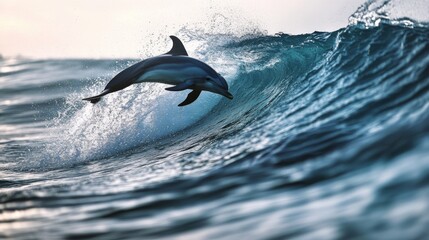 Wall Mural - a close-up of a wave with a dolphin leaping through the water, the animal's motion adding a sense of