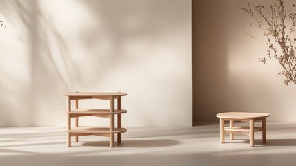 Poster - A set of minimalist wooden shelves and a small side table are arranged against a simple light beige background, perfect for modern home décor presentations and styling possibilities