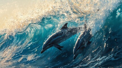 a close-up of a wave with dolphins visible beneath the surface, their shapes adding a sense of life 