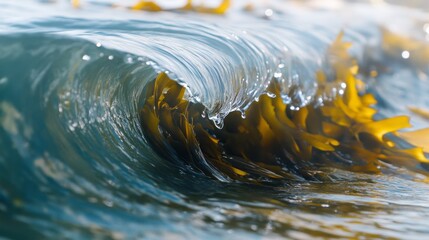 Wall Mural - a close-up of a wave with seaweed floating in the water, the plants adding a natural
