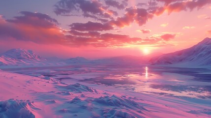 Poster - Frozen Tundra and Icy Plains Under Polar Sunset with Distant Snow-Covered Peaks