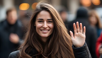 Wall Mural - Joyful woman with long brown hair smiling and waving at the camera