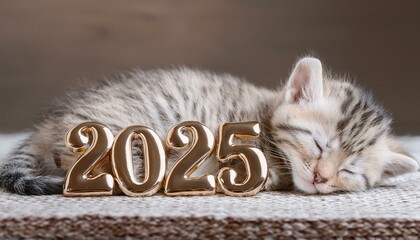  The kitten is sleeping peacefully behind the inscription of the numbers of the upcoming new year 2025.