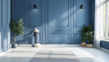 Wall Mural - Contemporary interior featuring a striking blue wall and a clean white floor