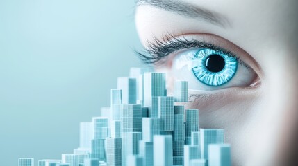 Poster - A surreal cityscape composed of buildings made of data, with a single, isolated building appearing to be a giant eye, symbolizing the ever present nature of surveillance.