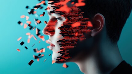 A surreal, fragmented portrait of a human face, with a flowing, abstract firewall composed of glowing code, symbolizing a vision of security in the digital world.