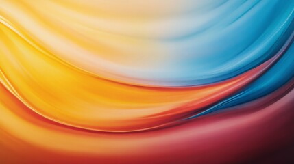 Poster - Bright hues of blue, yellow, and red flow and merge in graceful, wave-like patterns, creating a dynamic abstract visual with space for text on the left side