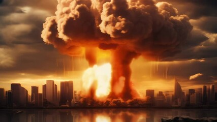 Poster - Massive explosion is engulfing a city in flames, creating a terrifying mushroom cloud that rises over the devastated skyline