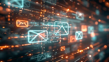 Poster - Abstract Email Interface with Overlapping Message Windows and Icons