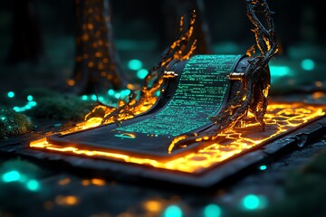 Poster - Phishing attempt visualized as a magical trap set in a glowing forest, snaring unsuspecting travelers carrying data scrolls