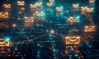Poster - Conceptual Email Network with Glowing Lines Connecting Envelope Icons