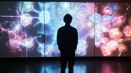 A Silhouetted Figure Stands Before Three Large Screens Displaying Abstract Art