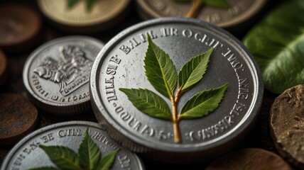 Silver Coin with Green Leaf