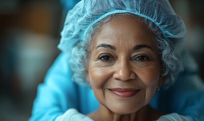  Happy senior black woman in a nursing home. Smiling old african american female pensioner being cared for by a nurse in a hospice for elderly 