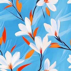 Wall Mural - White flowers with orange leaves on a blue background.