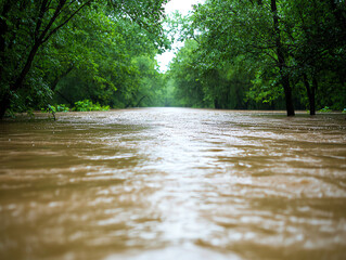 Flooded river with lush trees surrounding the water, natural scenery.