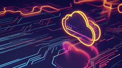 Poster - Neon cloud computing symbol on a digital circuit board.