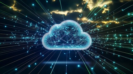 Poster - Abstract cloud computing concept with lines and glowing particles against a dramatic stormy sky.