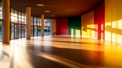 Poster - The bright interior features large windows allowing natural light to flow in, highlighting the vibrant curved walls in red, yellow, and green, creating an inviting atmosphere