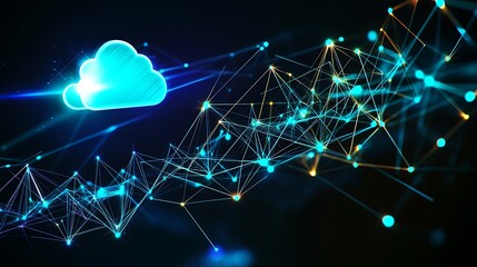Poster - Cloud computing concept with a glowing cloud icon and a network of connected lines and dots.