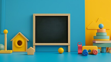 Wall Mural - A toy school set with a blackboard on a blue and yellow background