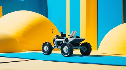 Wall Mural - A toy space rover collecting samples on a blue and yellow background