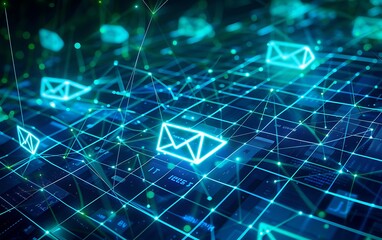 Poster - Abstract Digital Messaging with Luminous Lines and Message Icons Over Grid