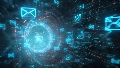 Fototapete - Envelopes and Chat Bubbles Swirling in Digital Vortex with Soft Blue Light