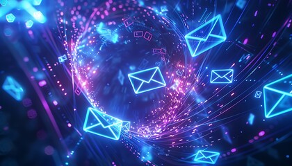 Fototapete - Envelopes and Chat Bubbles Swirling in Digital Vortex with Soft Blue Light