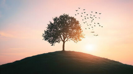 Wall Mural - Silhouette of a lone tree on a hilltop with birds flying away at sunset.