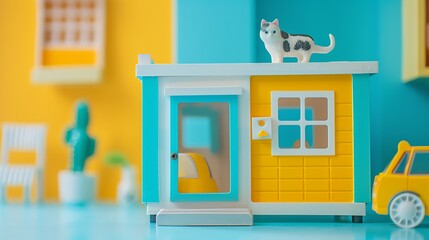 Wall Mural - A toy veterinary clinic with a pet carrier on a blue and yellow background