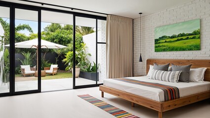 Modern, stylish bedroom with a large glass wall that opens to a lush garden. The room features a wooden bed frame with a white mattress, adorned with white and grey pillows 